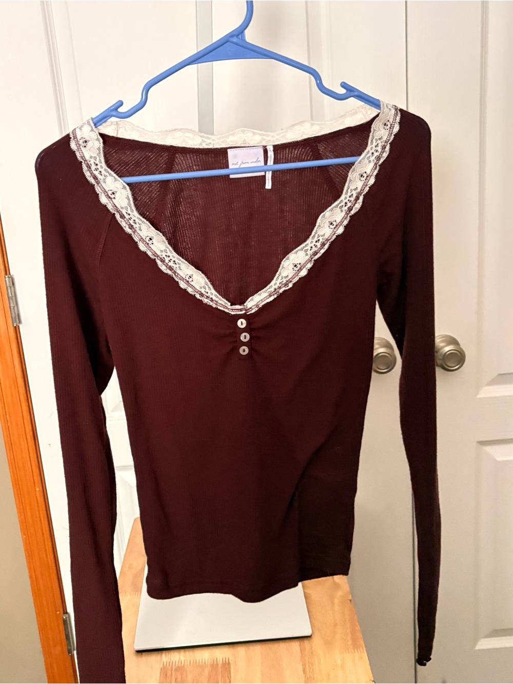 Out From Under Ribbed Lace Trim Henley Top Maroon Size M Urban Outfitters.